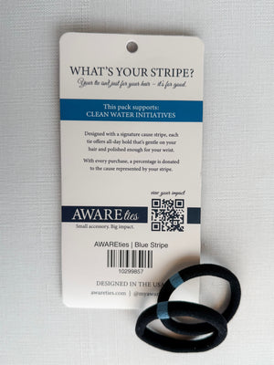 Hair tie packaging with text and QR code on a gray background