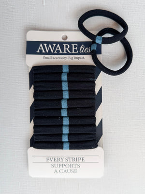 Pack of black hair ties with blue stripes on a white background