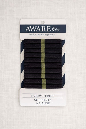 Pack of black striped ties with a visible brand label on a textured background