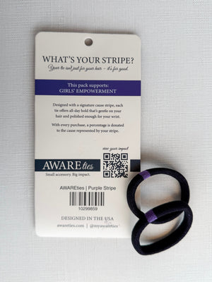 Purple hair tie with 'Awareties' packaging on a gray background