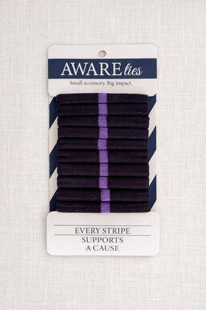 Pack of purple striped ties on a white card with 'Aware' branding.