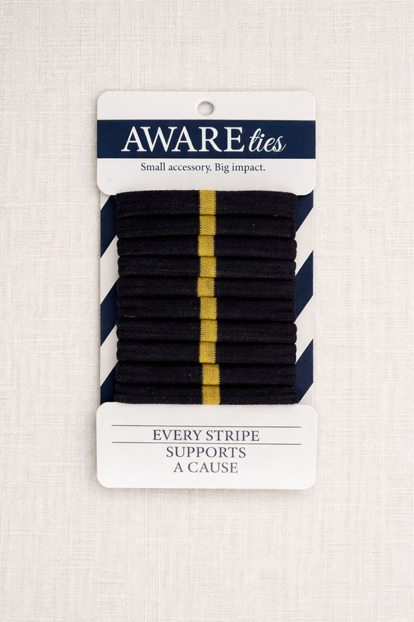 Packaged product of black ties with a yellow stripe on a white background